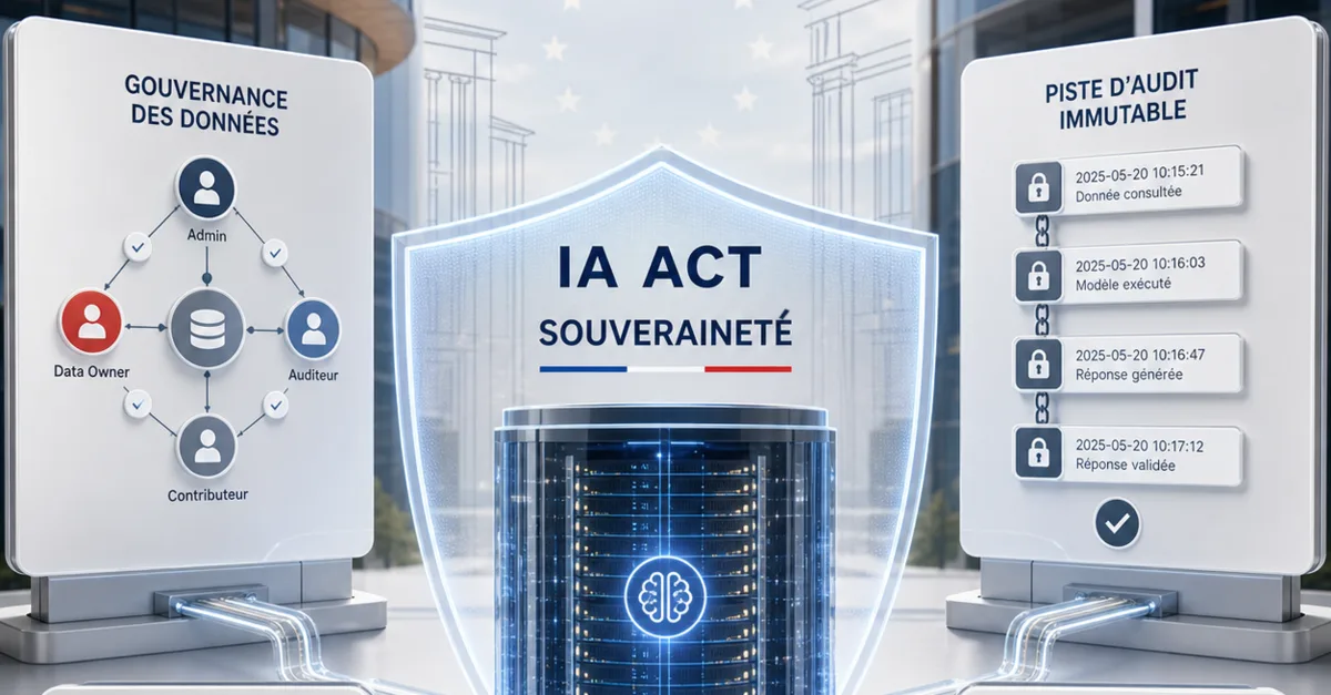 Panelen die gegevensbeheer, een onwisbaar auditspoor en een AI Act-schild rond een bedrijfsserver tonen