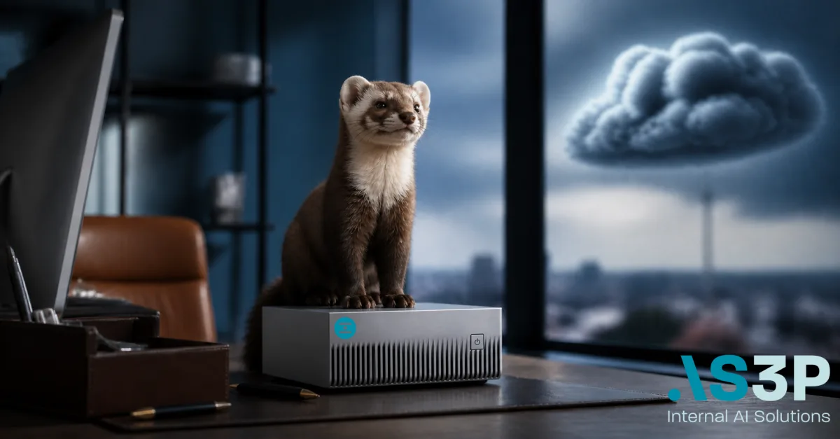 Een marter die een computerkast op een bureau bewaakt, beeld bij de soevereine bedrijfs-AI BrainDup die de gegevens warm houdt