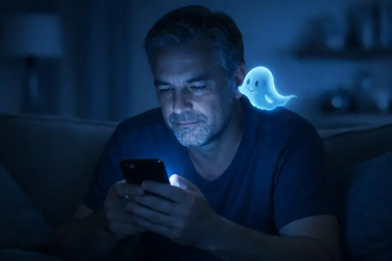Man alleen, verlicht door het blauwe licht van zijn smartphone