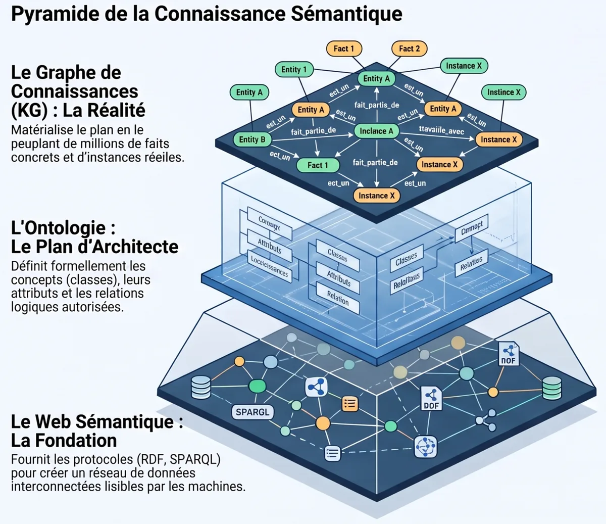 Piramide van de semantische kennis: het semantische web als fundament (RDF, SPARQL), de ontologie als bouwplan, de kennisgraaf als werkelijkheid bevolkt met feiten