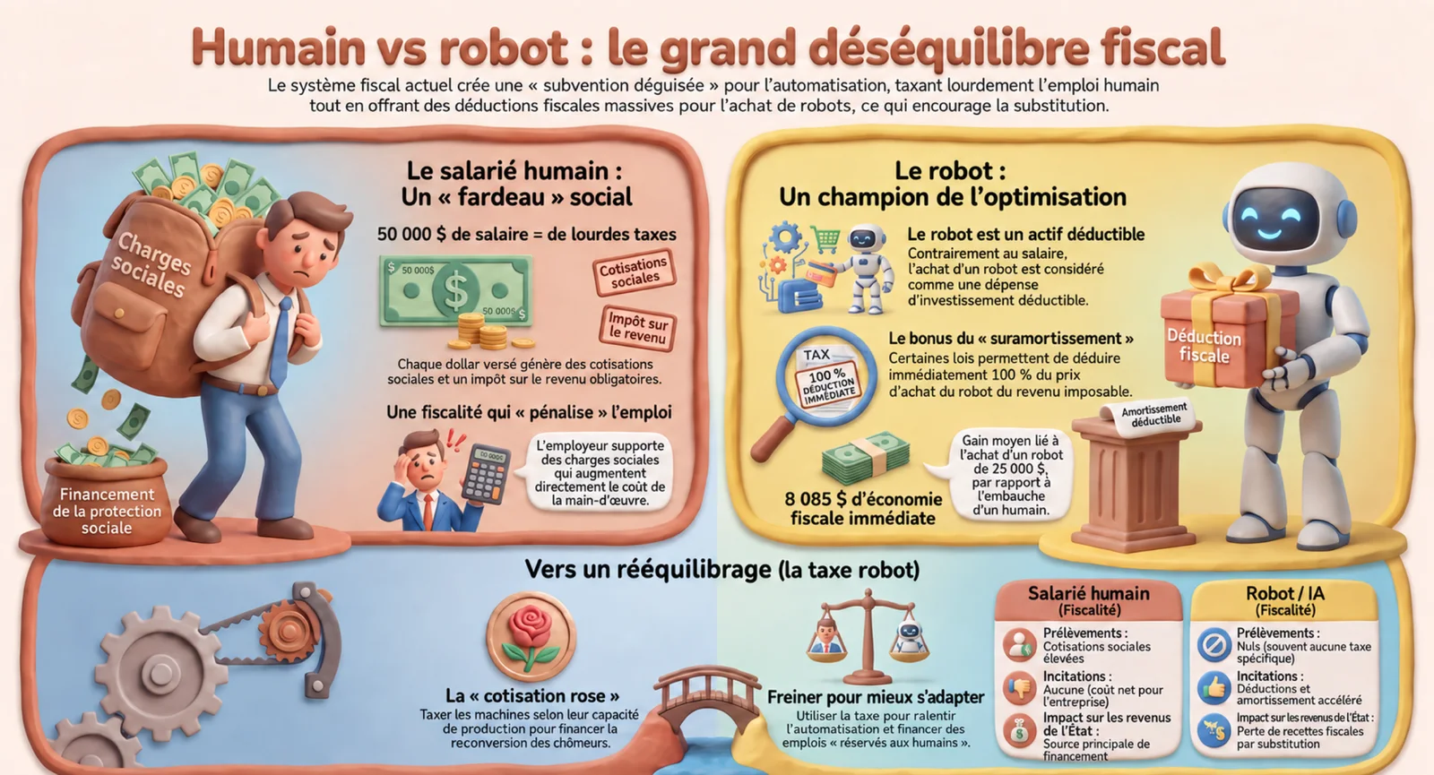 Infographic die de fiscaliteit van de menselijke werknemer, met hoge sociale bijdragen, vergelijkt met die van de robot, aftrekbaar en afschrijfbaar, met een tabel van de heffingen, de prikkels en het effect op de staatsinkomsten