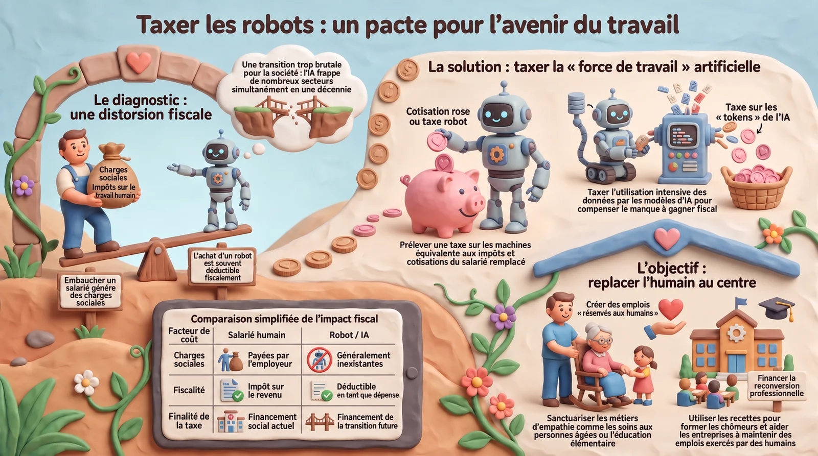 Infographic in drie luiken: de vaststelling van een fiscale scheeftrekking tussen werknemer en robot, de oplossing van een ROSE-bijdrage aangevuld met een belasting op AI-tokens, en het doel de mens weer centraal te zetten door omscholing en zorgberoepen te bekostigen