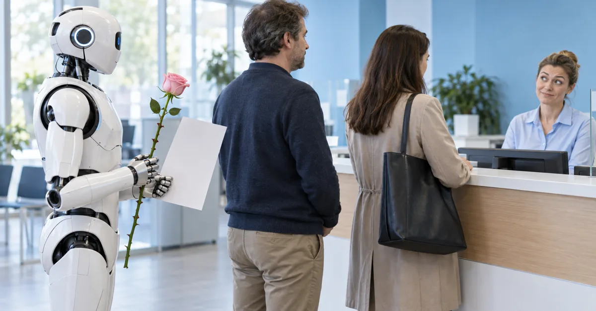 Een menselijke robot met een roos en een formulier staat aan te schuiven in een belastingkantoor, als beeld voor de belasting op robots en AI
